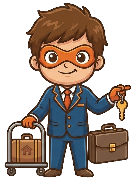 Superhero Hosting concierge mascot in a suit holding a set of keys